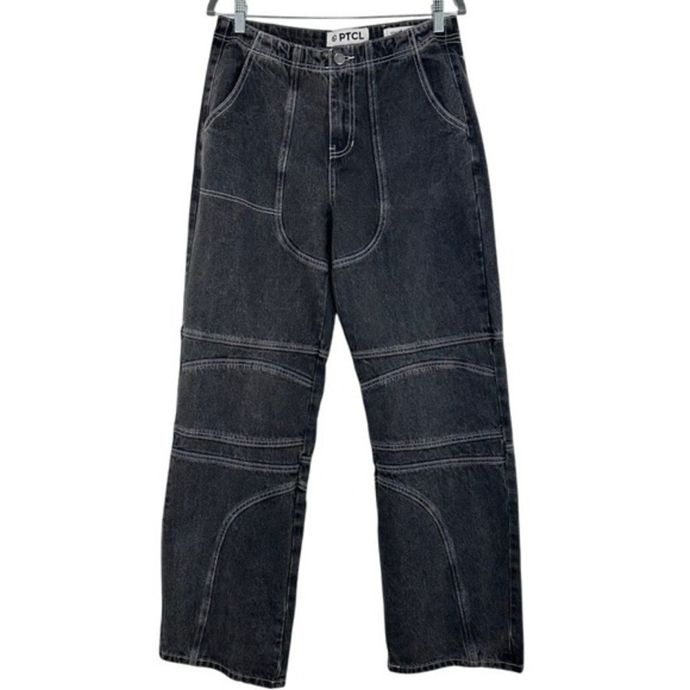 PTCL Size 28 Wide Leg Black‎ Moto Denim Jeans Contrast Stitch NWT